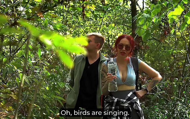 Two people get wild in the woods from naughty foreplay to messy finish