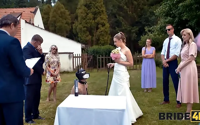 Close up on a blonde bride's natural tits as she gets fucked outdoors in her wedding dress