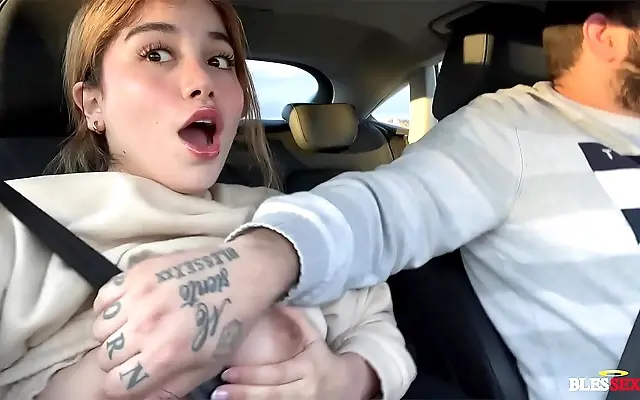 Through the car window Marina Gold craves Magic Javi's dick on the street