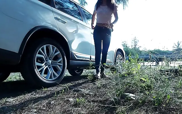 Tattooed Asian Cutie Takes a Piss and Sucks Cock by the Roadside