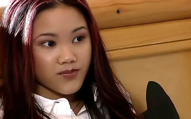 Close up on petite Asian teen Lucy taking deep throat and anal in the gym