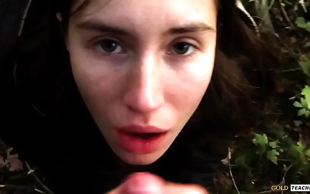 Straddles shy Russian teen giving a naughty forest blowjob and swallowing deep