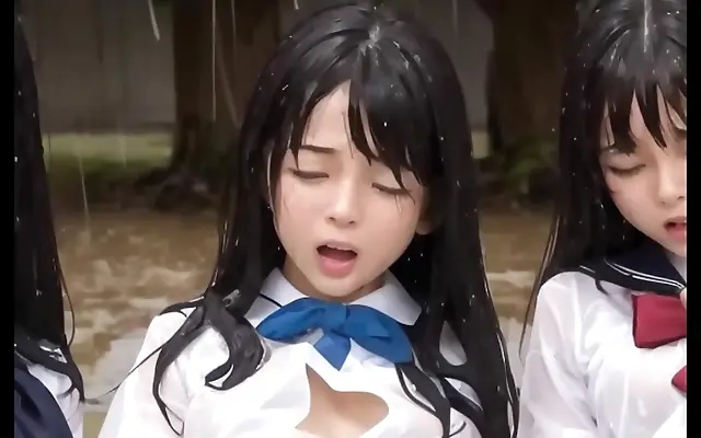 Squirting Orgasm in the Rain with Cute Japanese Lesbians