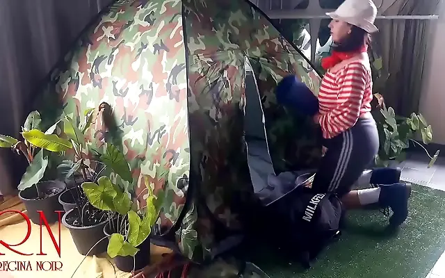 Tent zipper down as the goddess takes her submissive slave in the forest clearing