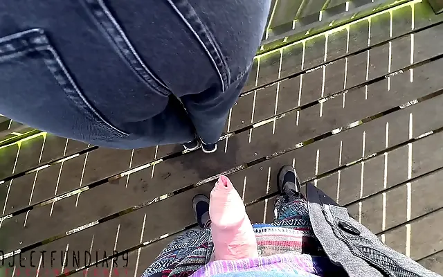 Two lovers in jeans sneak a risky outdoor quickie with huge cumload payoff