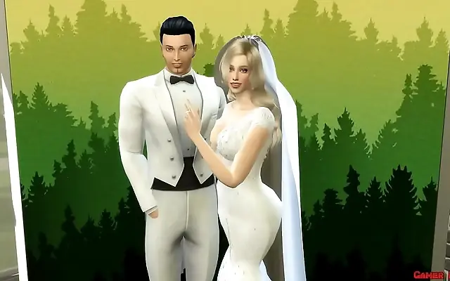 Wedding dress bride rides him on photo shoot backdrop then cums on cuckold husband