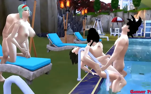 On All Fours Hot Wives Bulma and Chichi Share Sons in Pool Orgy
