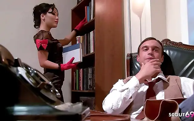 Rough office encounter with seductive Asian secretary and her dominant big dick boss