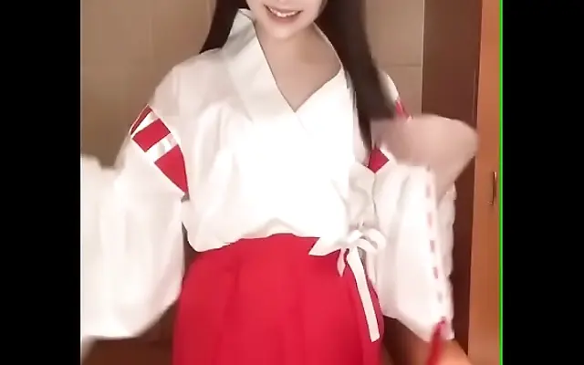 Kitchen playtime with a petite shrine maiden in cosplay lingerie tease