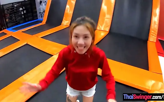 Wild Thai milf girlfriend bounces into steamy trampoline fun and passionate home encounter