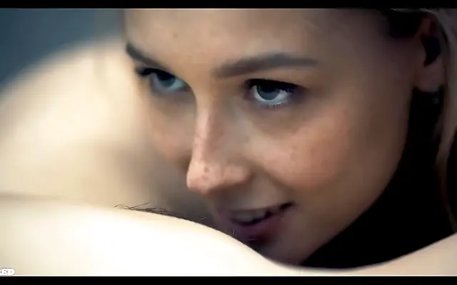 Close up on tangled lips and roaming hands as blonde seduces brunette
