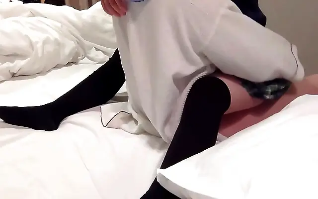 Fishnet stockings tease as petite student rides cock in passionate creampie