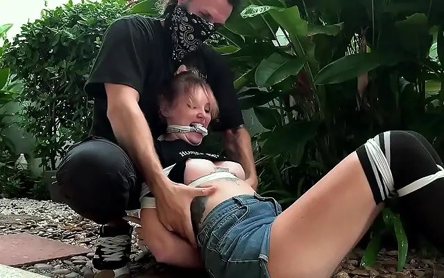 Behind the Bushes Blonde Teen Moans in Outdoor Bondage Fun