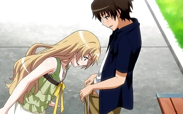 Busty blonde in a hentai park pulls her dress aside for a creampie