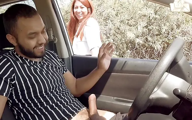 She gives a handjob on the street and takes his cumload