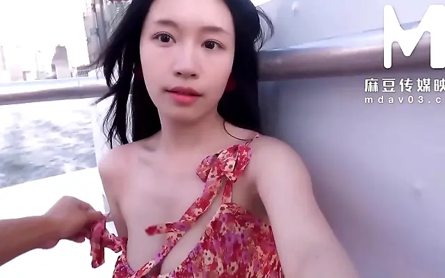 Asian model in stockings flashes her big tits and pussy outdoors