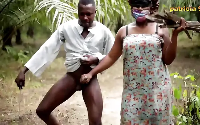 On all fours ebony milf gets pounded in the bush with a thick doggy style cumshot