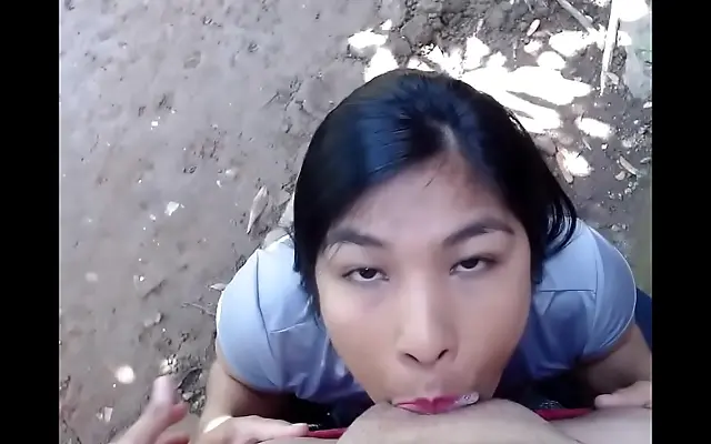 Two lovers heat up in the park with a steamy blowjob and explosive cumshot