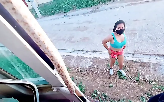 Curtain conceals naughty teen's risky outdoor liaison