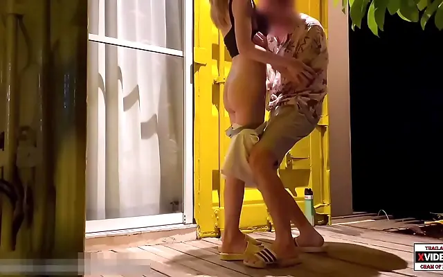 Two sexy teens get wild with a creamy outdoor threesome at the resort